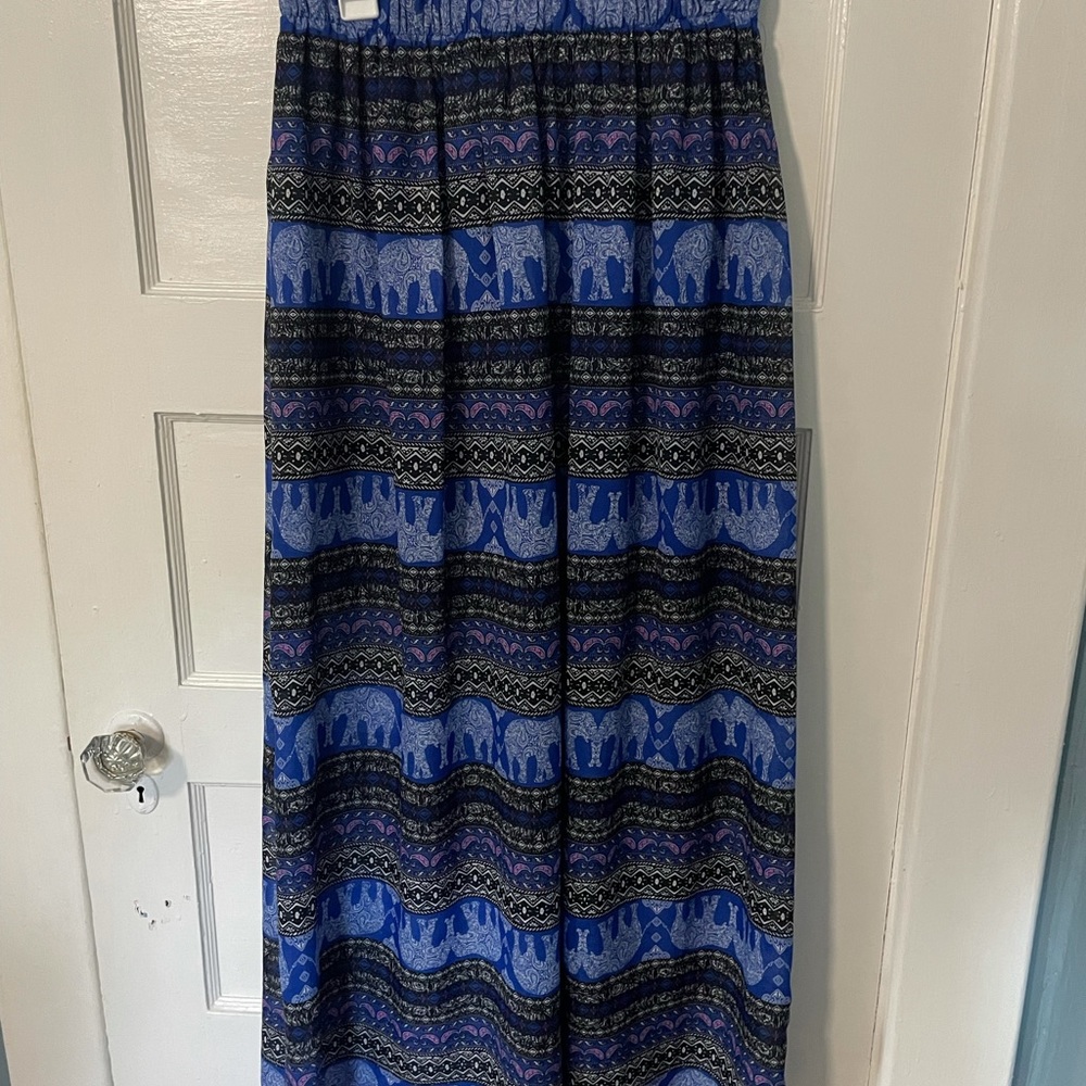 Blue Elephant Print Maxi Skirt